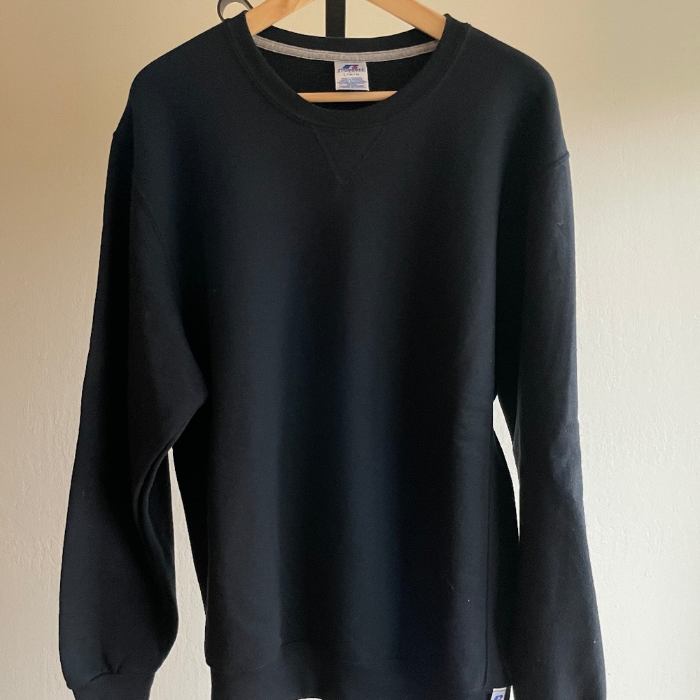 Men's Plain Black Russell Athletic Crew Neck Sweatshirt, Size L